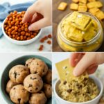 Assortment of best vegan snacks including hummus with vegetables, nuts, dried fruit, and whole-grain crackers.