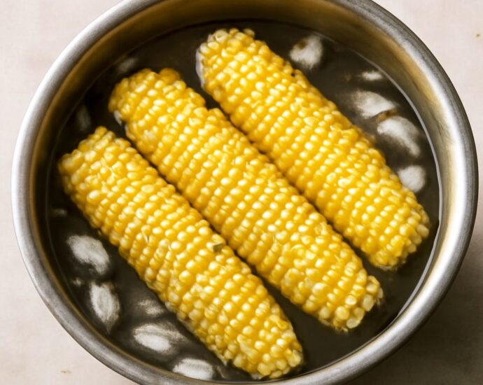 Corn being blanched in boiling water before freezing