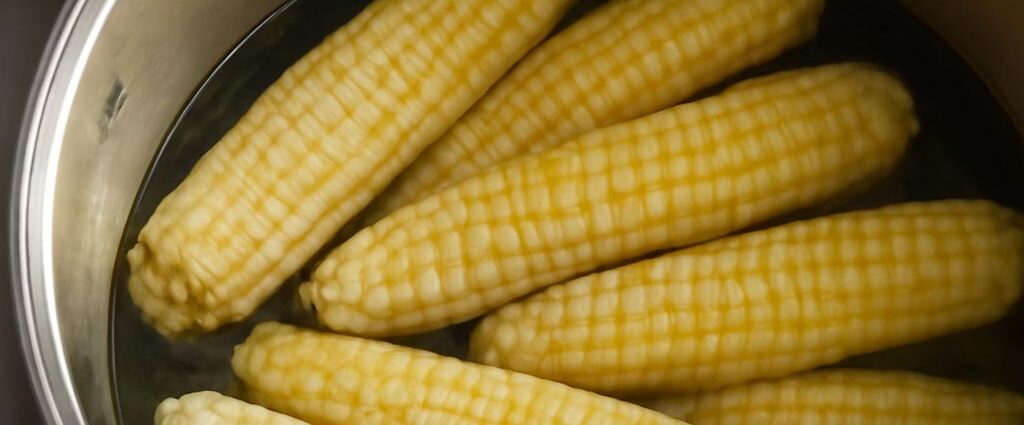 Blanching corn for freezing with corn ears, pot, and ice bath