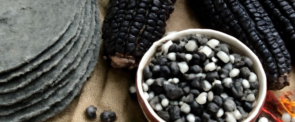 Blue corn kernels in a bowl