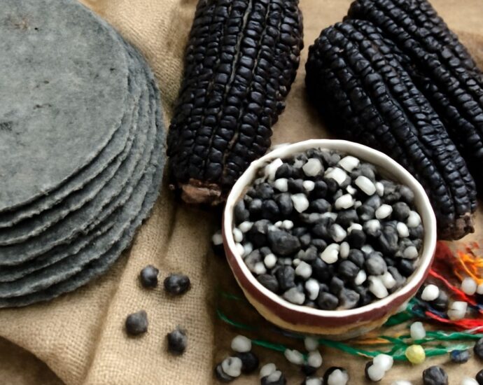 Blue corn kernels in a bowl