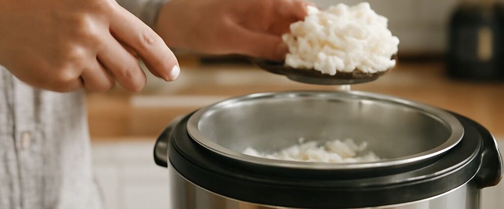Brown rice in a rice cooker with the water ratio and cook time for fluffy grains