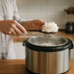 Brown rice in a rice cooker with the water ratio and cook time for fluffy grains
