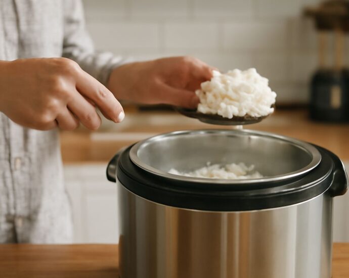 Brown rice in a rice cooker with the water ratio and cook time for fluffy grains