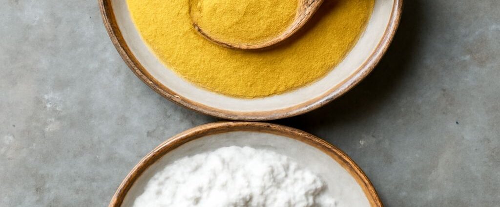Corn flour and cornstarch side by side in bowls