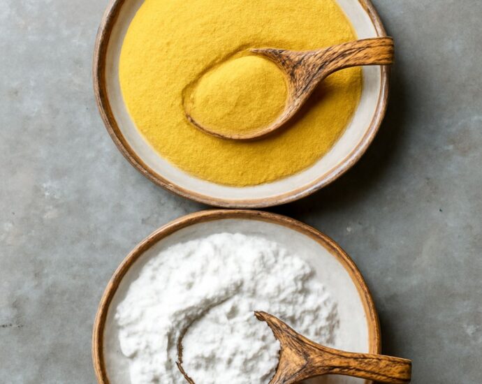Corn flour and cornstarch side by side in bowls