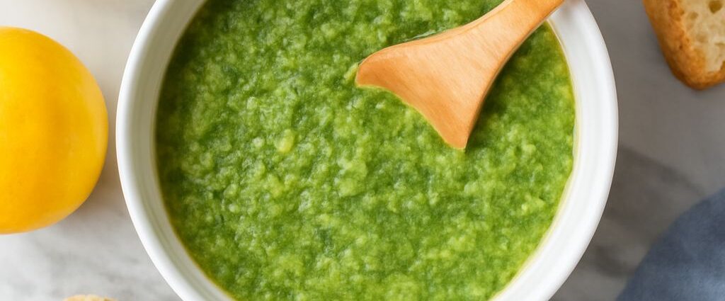 Bowl of dairy free pesto with basil, nuts, lemon, and garlic