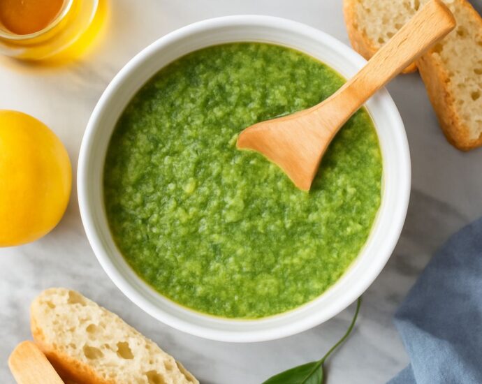Bowl of dairy free pesto with basil, nuts, lemon, and garlic
