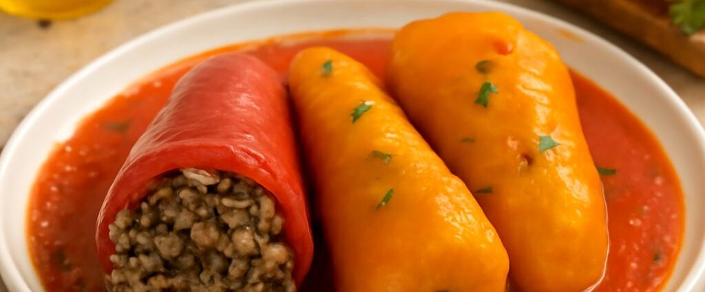 Stuffed peppers ready to freeze on a tray