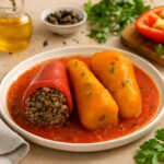 Stuffed peppers ready to freeze on a tray