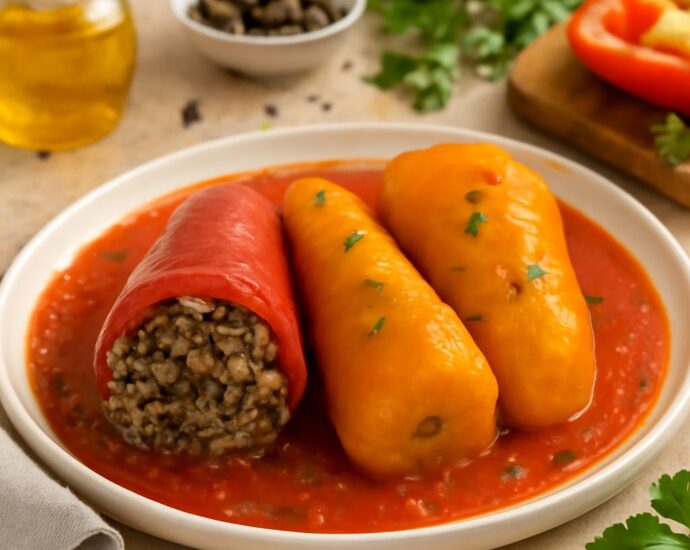 Stuffed peppers ready to freeze on a tray
