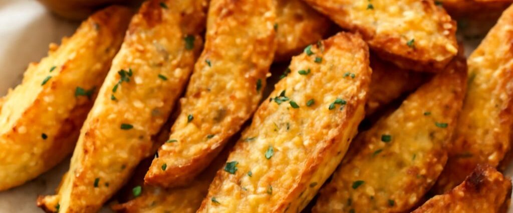 Crispy fried potato wedges on a plate with seasoning