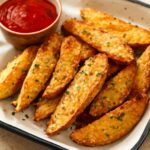 Crispy fried potato wedges on a plate with seasoning