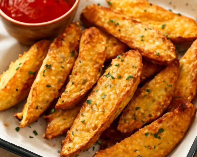 Crispy fried potato wedges on a plate with seasoning