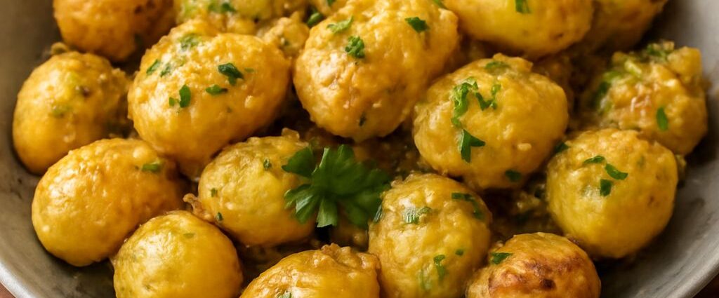 Crispy garlic parmesan potatoes in a serving bowl with fresh herbs