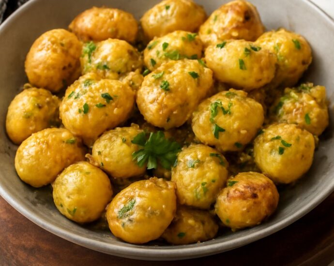 Crispy garlic parmesan potatoes in a serving bowl with fresh herbs