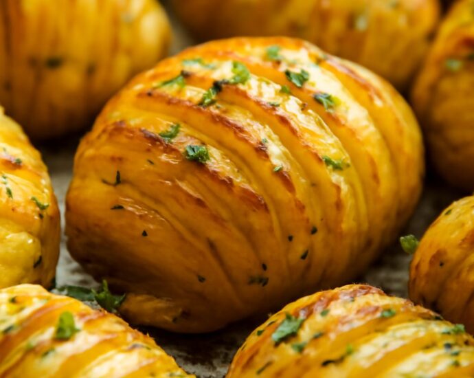 Bowl of herb roasted potatoes with crisp edges and fresh herbs