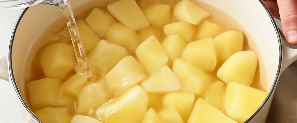 Make-ahead mashed potatoes in a serving bowl with butter on top