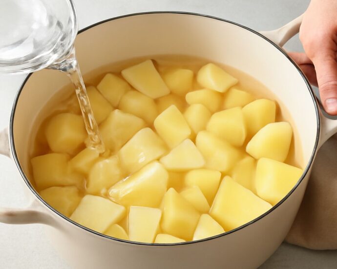 Make-ahead mashed potatoes in a serving bowl with butter on top
