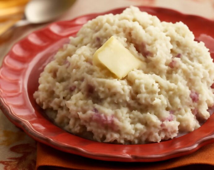 Creamy mashed red potatoes in a bowl with herbs