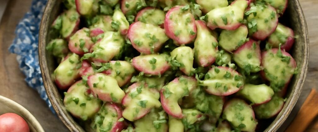 Mustard potato salad in a serving bowl with chopped herbs