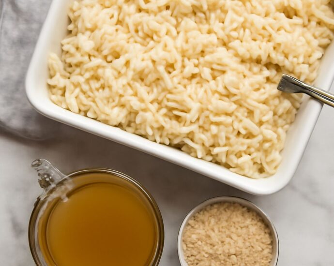 Fluffy white rice baked in a ceramic dish, ready to serve.