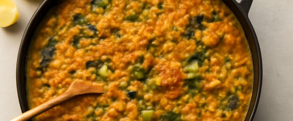 Red lentil curry recipe served in a bowl with rice and herbs