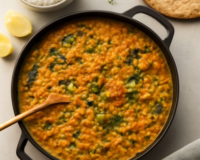 Red lentil curry recipe served in a bowl with rice and herbs