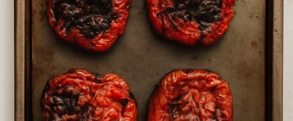 Charred roasted peppers on a tray after roasting