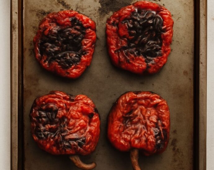 Charred roasted peppers on a tray after roasting