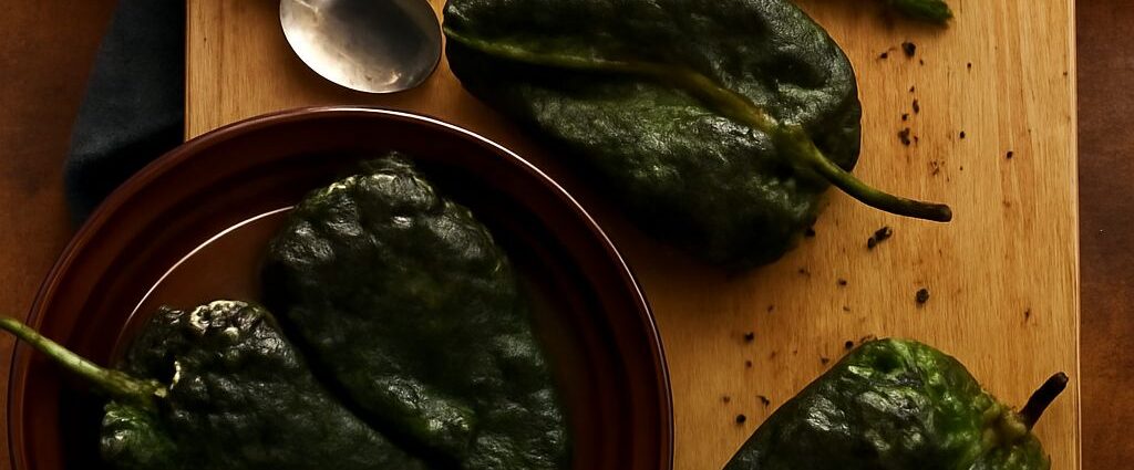 Freshly roasted poblano peppers (K1) ready for cooking poblano peppers (K3) in recipes.