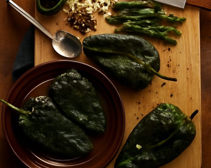 Freshly roasted poblano peppers (K1) ready for cooking poblano peppers (K3) in recipes.