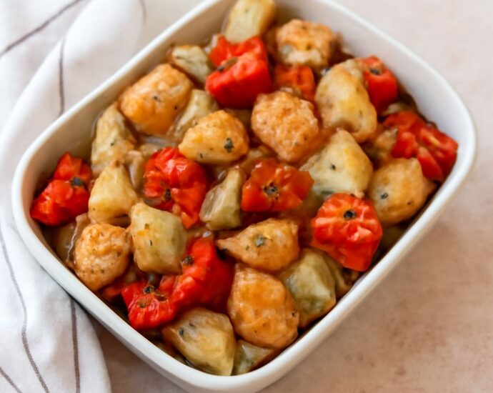 Roasted potatoes and onions on a baking sheet