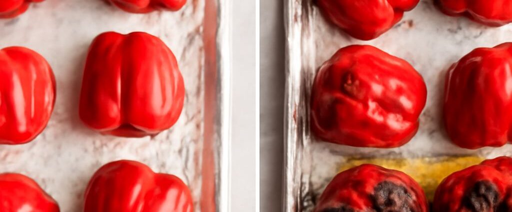 Homemade roasted red peppers and roasted red bell peppers ready for use in recipes