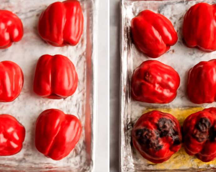 Homemade roasted red peppers and roasted red bell peppers ready for use in recipes