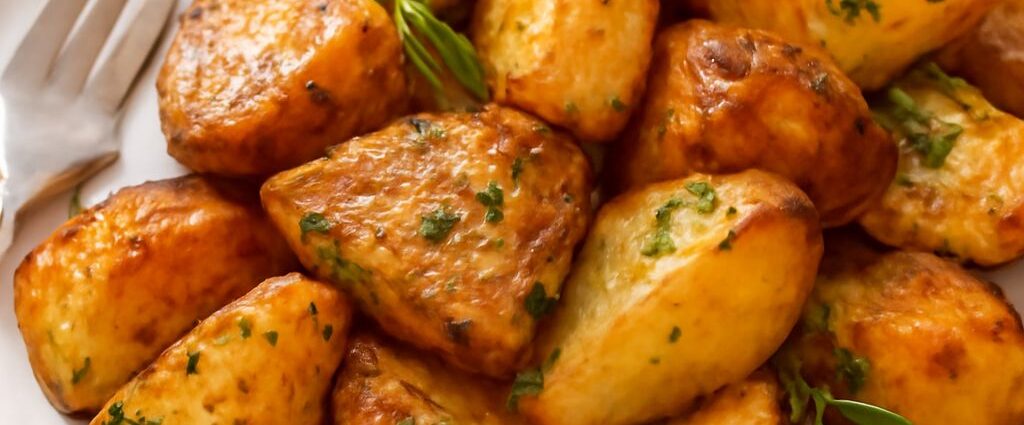 Seasoned potatoes with herbs and spices in a serving bowl