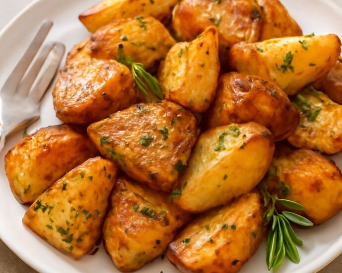 Seasoned potatoes with herbs and spices in a serving bowl