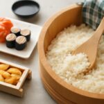 Sushi rice in a rice cooker ready to season and serve