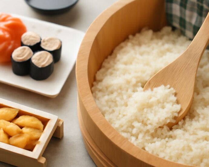 Sushi rice in a rice cooker ready to season and serve
