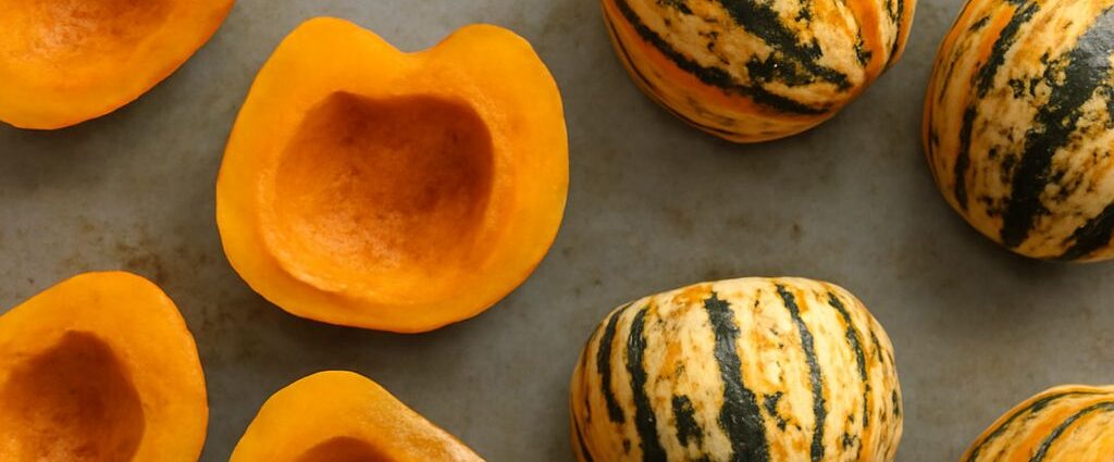 Roasted sweet dumpling squash with seasoning on a baking sheet