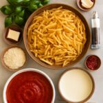 Tomato paste pasta sauce in a pan with herbs and pasta