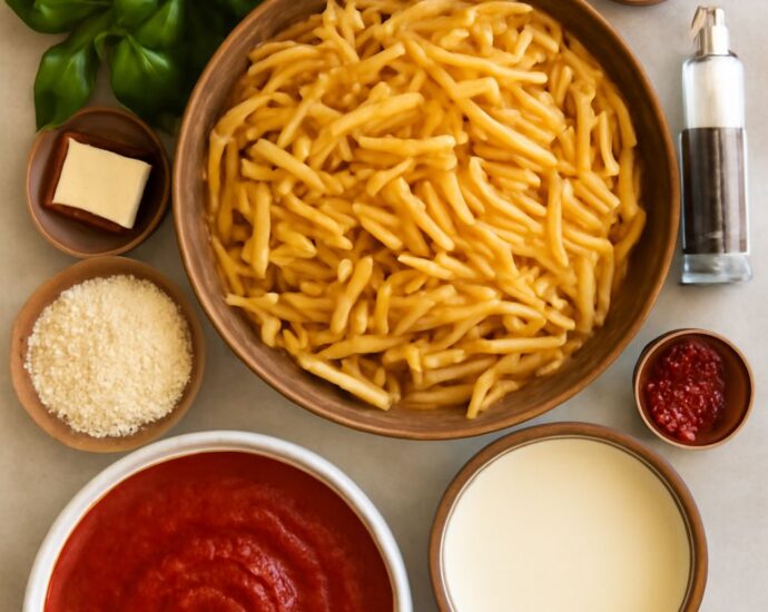 Tomato paste pasta sauce in a pan with herbs and pasta