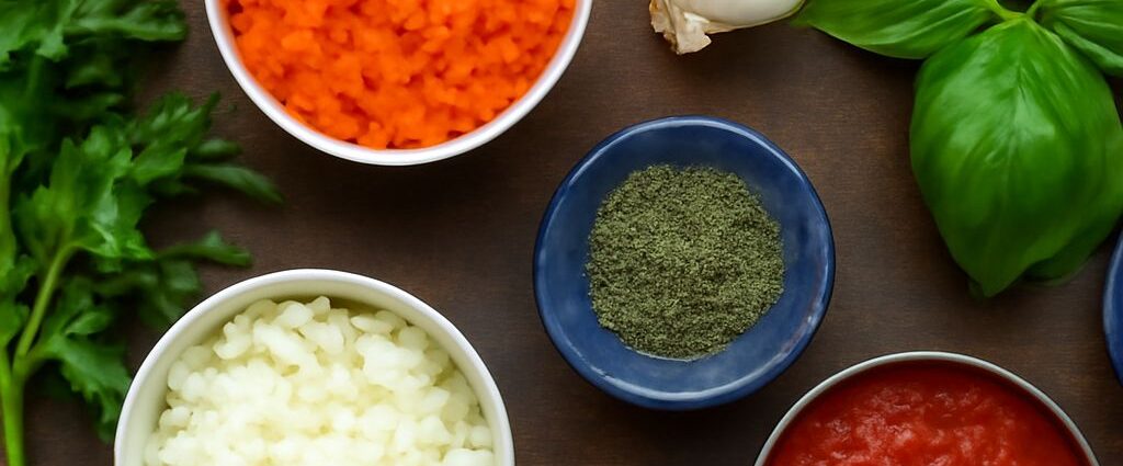 Tomato sauce made from tomato paste in a bowl with herbs
