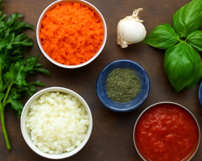 Tomato sauce made from tomato paste in a bowl with herbs