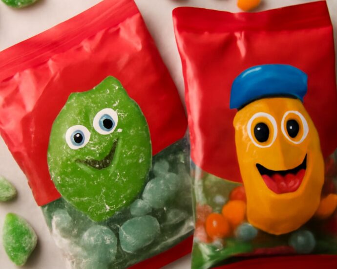 Vegan candy list with colorful candy pieces and wrapped sweets