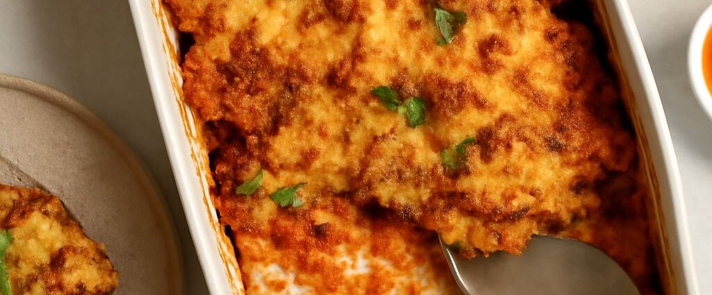 A baked vegan casserole served in a dish with vegetables and grains