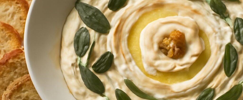 Creamy vegan dip in a bowl with herbs and crackers