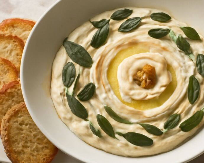 Creamy vegan dip in a bowl with herbs and crackers