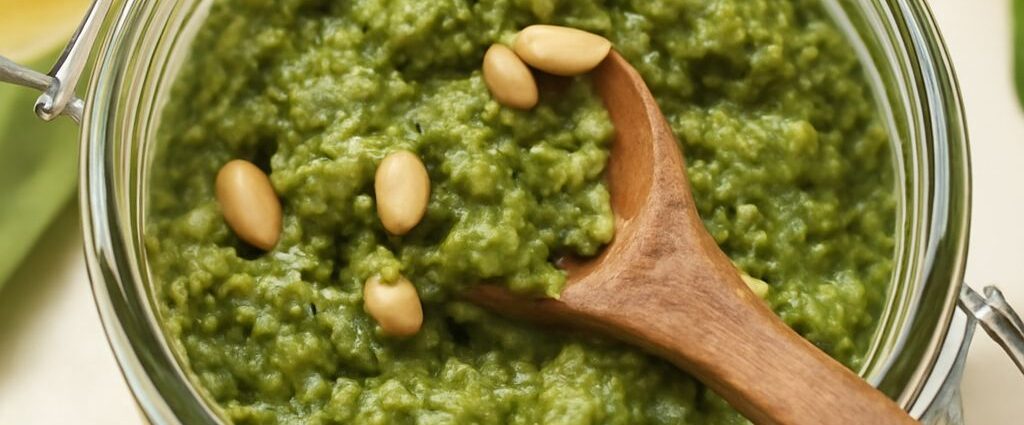 Vegan pesto in a bowl with basil, nuts, and olive oil
