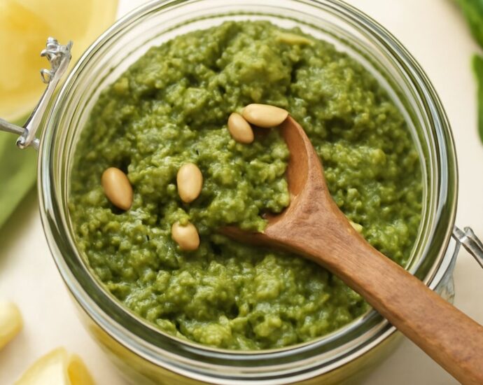 Vegan pesto in a bowl with basil, nuts, and olive oil